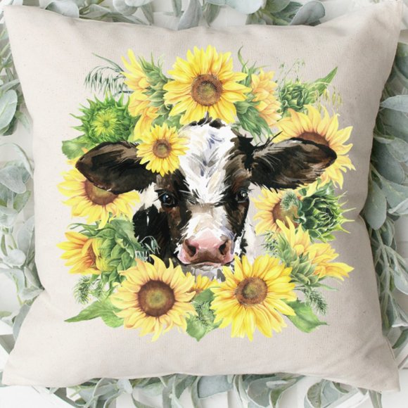 Throw Pillow Cover, Sunflower Cow, Spring, Summer - Picture 2 of 3
